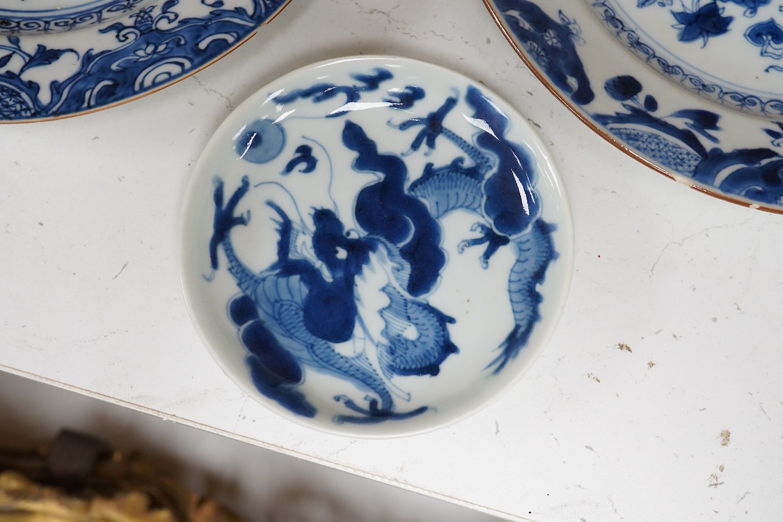 Two Chinese blue and white export plates-and a small dish, 23cm diameter
